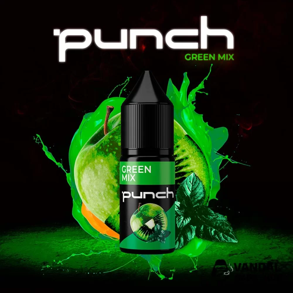 Жидкость Punch 15 мл, 65 мг на солевом никотине со вкусом яблока, киви и мяты Жидкость Punch 15 мл, 65 мг на солевом никотине со вкусом яблока, киви и мяты